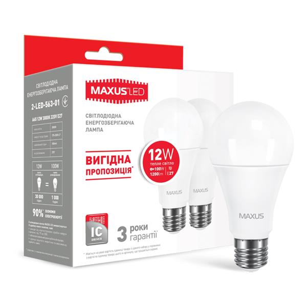 Светодиодная лампа 2-LED-563-01 A65 E27 12W 3000К 220V (по 2 шт.) Maxus