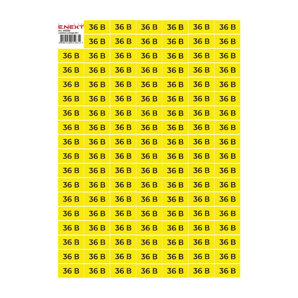 Самоклеюча наклейка "36В" e.sticker.voltage.36.1 40х20мм жовто-чорна 102 шт/лист s053312 ENEXT