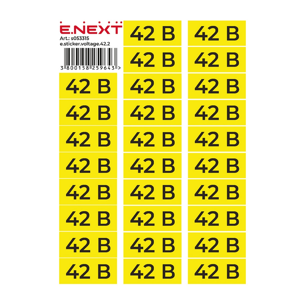 Самоклеющаяся наклейка "42В" e.sticker.voltage.42.2 90х38мм желто-черная 26 шт/лист s053315 ENEXT