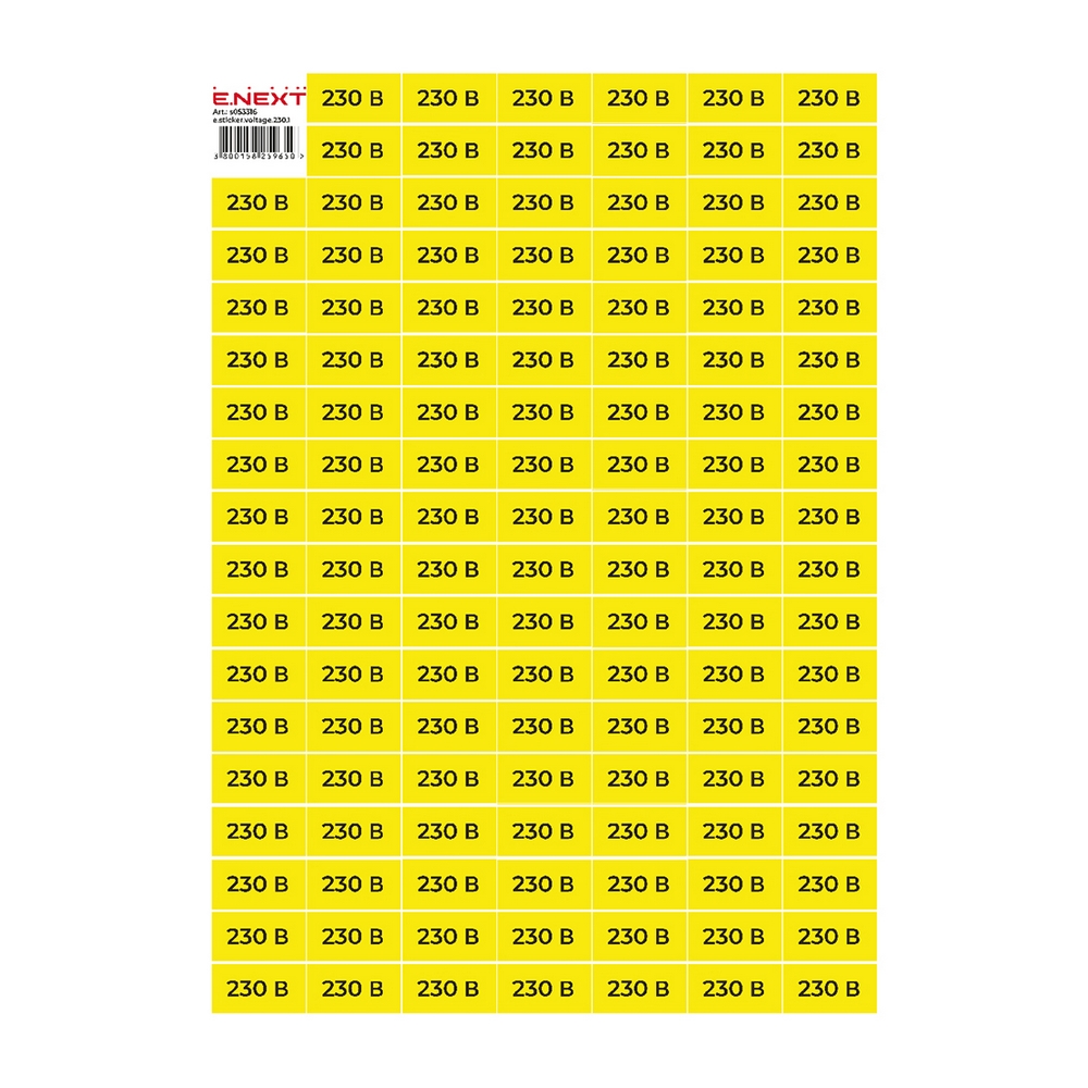 Самоклеюча наклейка "230В" e.sticker.voltage.230.1 40х20мм жовто-чорна 102 шт/лист s053316 ENEXT