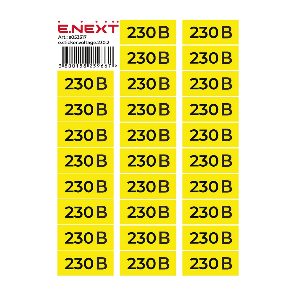 Самоклеюча наклейка "230В" e.sticker.voltage.230.2 90х38мм жовто-чорна 26 шт/лист s053317 ENEXT
