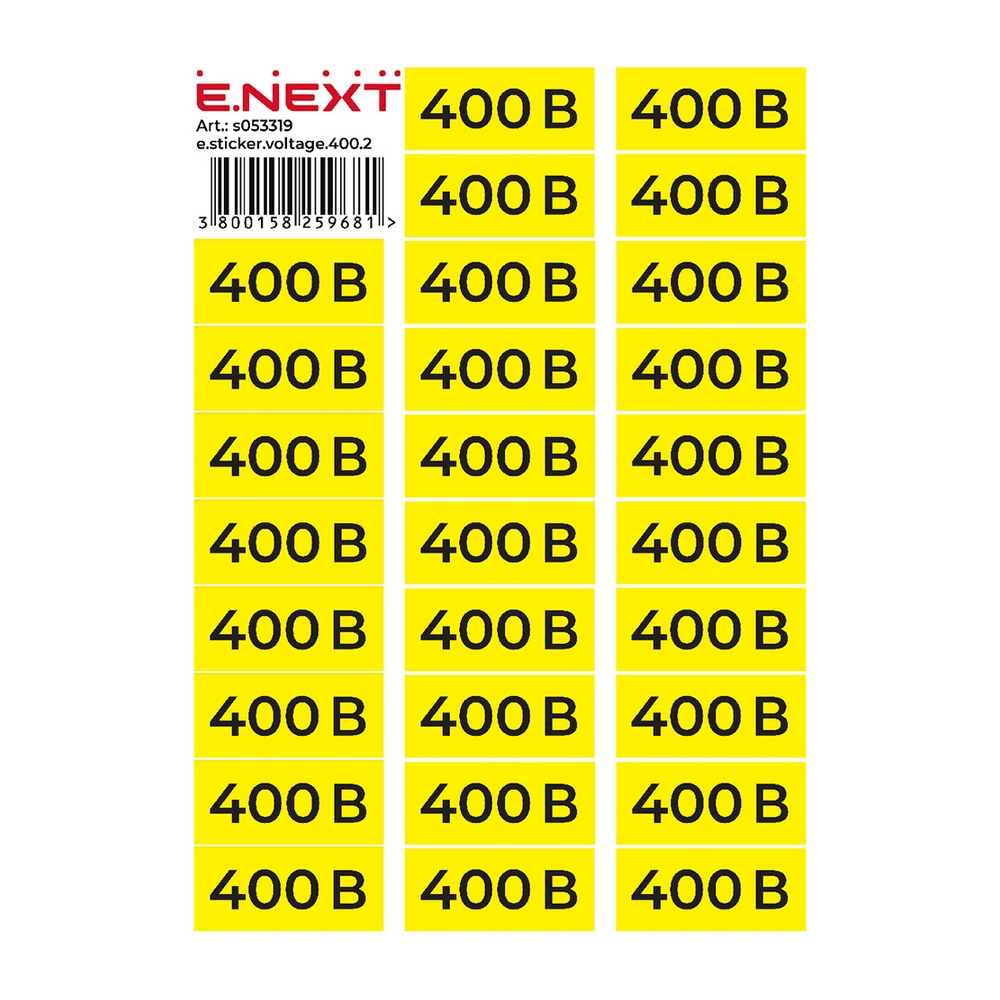 Самоклеюча наклейка "400В" e.sticker.voltage.400.2 90х38мм жовто-чорна 26 шт/лист s053319 ENEXT