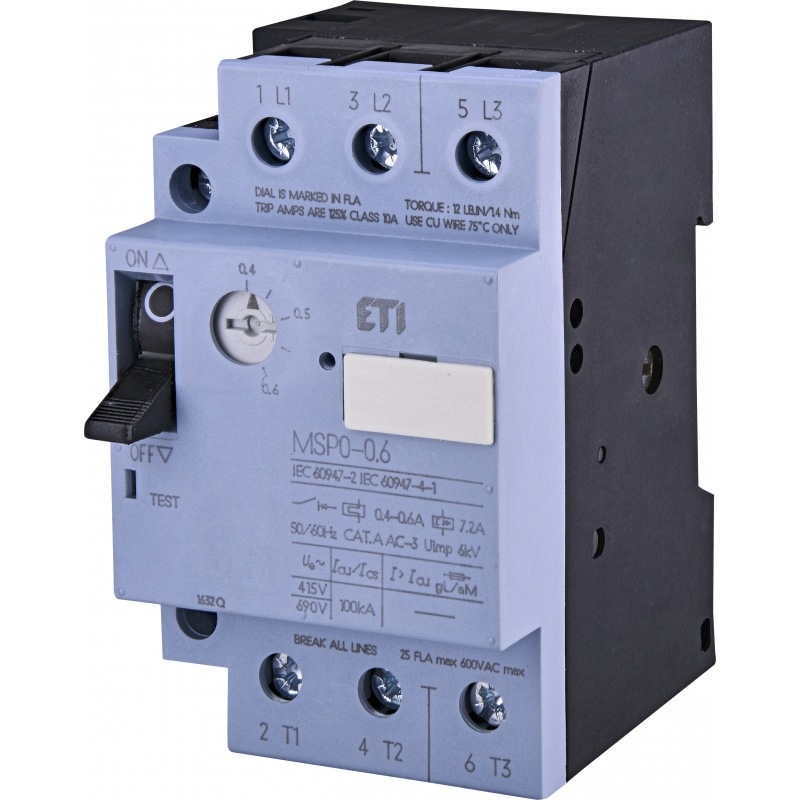 Автомат для захисту електродвигуна MSP0-0,6 0,4-0,6A 100kA 004646618 ETI - Фото 1