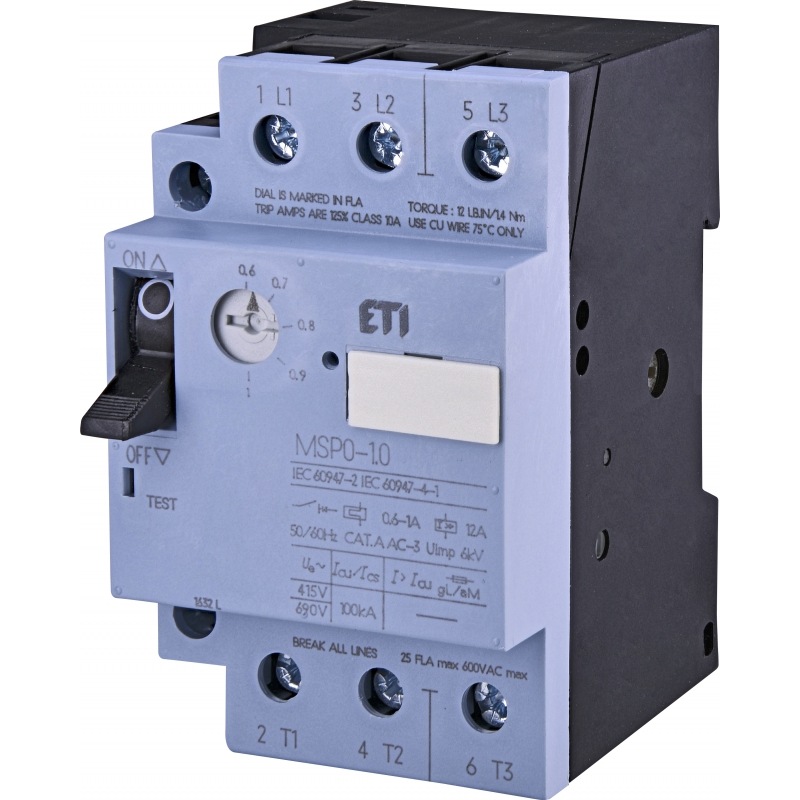 Автомат для захисту електродвигуна MSP0-1,0 0,6-1,0A 100kA 004646619 ETI - Фото 1