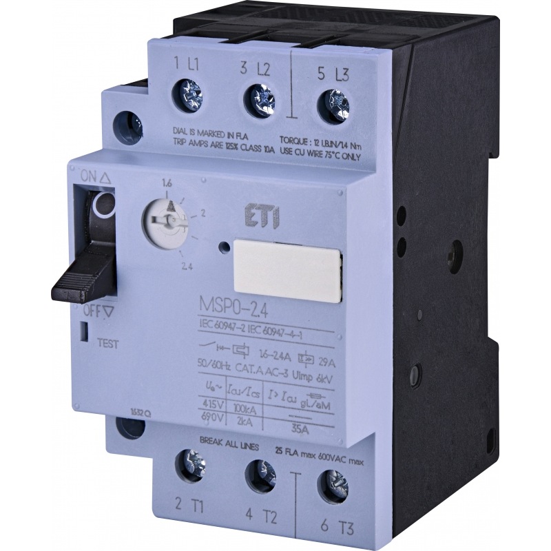 Автомат для захисту електродвигуна MSP0-2,4 1,6-2,4A 100kA 004646621 ETI - Фото 1