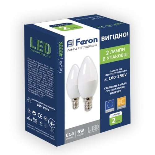 Світлодіодна лампа 6221 LB-737 C37 E14 6W 4000K 220V (по 2 шт.) Feron