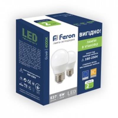 Светодиодная лампа 6222 LB-745 G45 E27 6W 4000K 220V (по 2 шт.) Feron