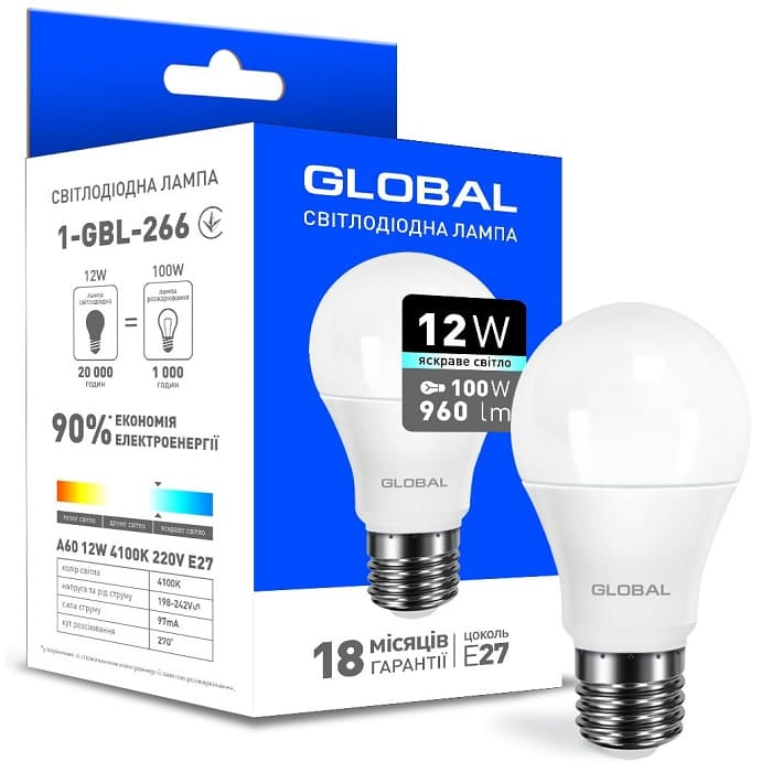 Світлодіодна лампа 1-GBL-266 A60 E27 12W 4100K 220V Global