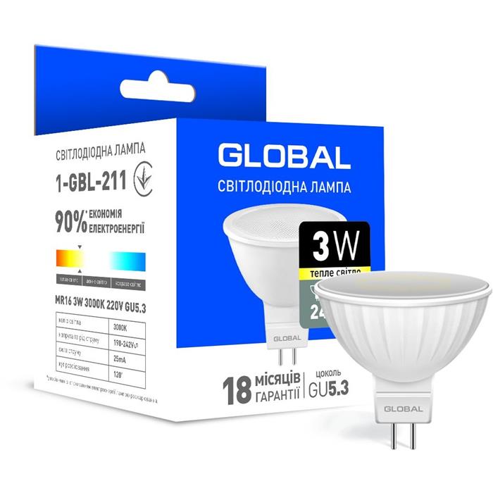 Светодиодная лампа 1-GBL-211 MR16 GU5,3 3W 3000K 220V Global