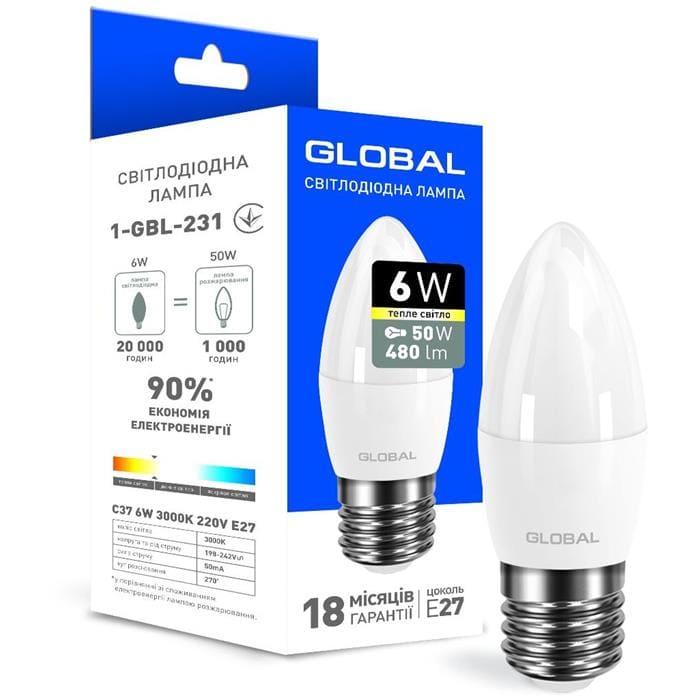 Світлодіодна лампа 1-GBL-231 C37 E27 6W 3000K 220V Global