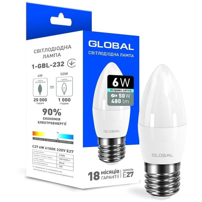 Светодиодная лампа 1-GBL-232 C37 E27 6W 4100K 220V Global