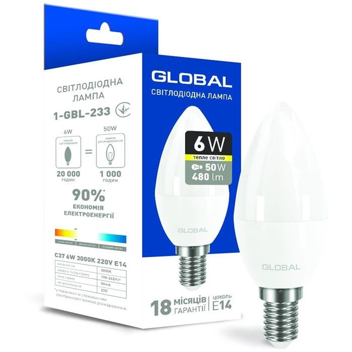 Світлодіодна лампа 1-GBL-233 C37 E14 6W 3000K 220V Global