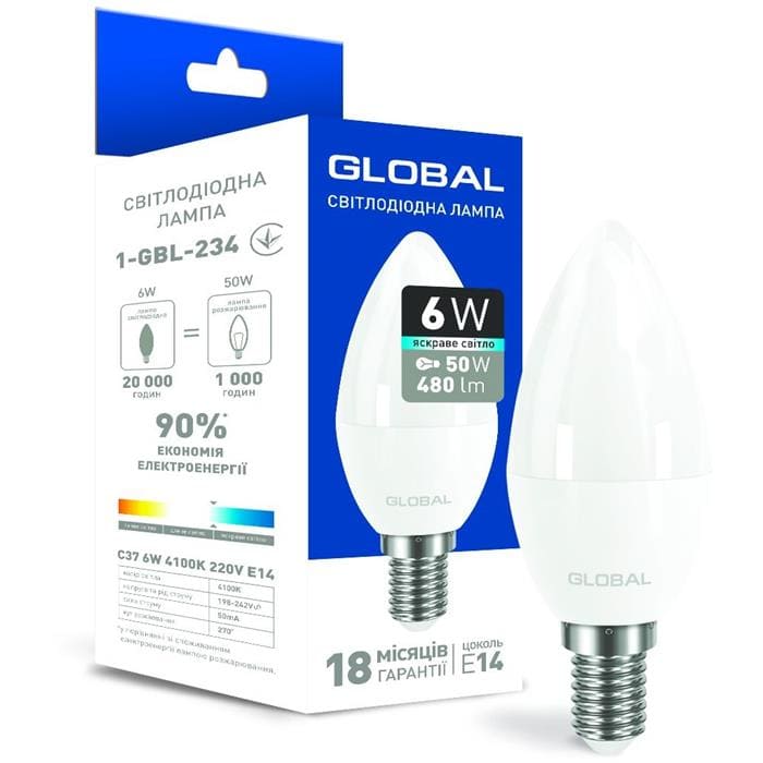 Светодиодная лампа 1-GBL-234 C37 E14 6W 4100K 220V Global