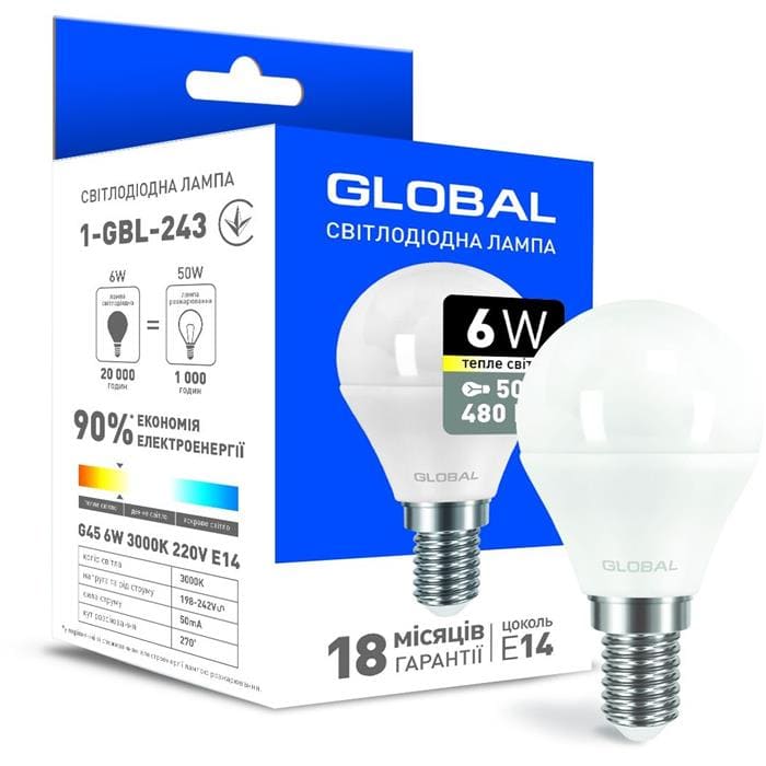 Світлодіодна лампа 1-GBL-243 G45 E14 6W 3000K 220V Global