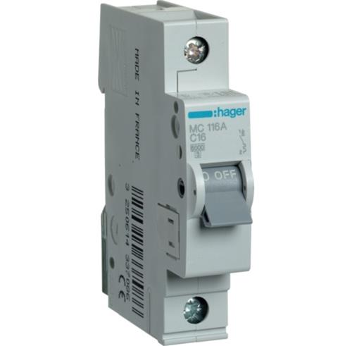 Автоматичний вимикач 16A 6kA 1 полюс тип C MC116A Hager - Фото 1