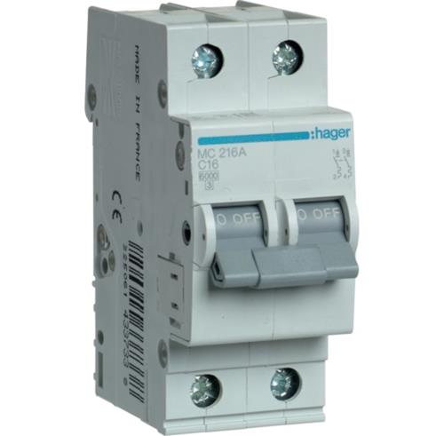 Автоматичний вимикач 16A 6kA 2 полюси тип C MC216A Hager