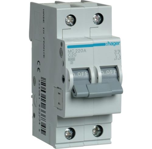 Автоматичний вимикач 20A 6kA 2 полюси тип C MC220A Hager