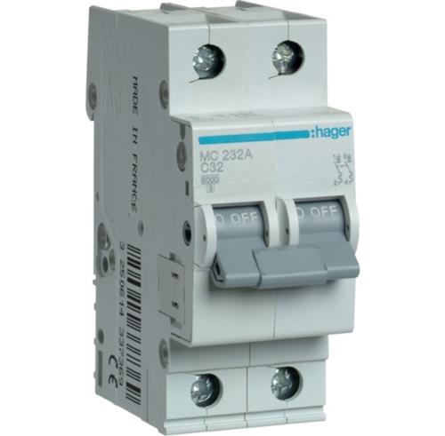 Автоматичний вимикач 32A 6kA 2 полюси тип C MC232A Hager