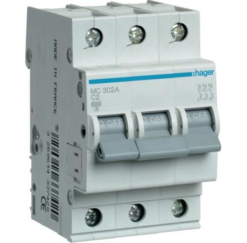 Автоматичний вимикач 2A 6kA 3 полюси тип C MC302A Hager