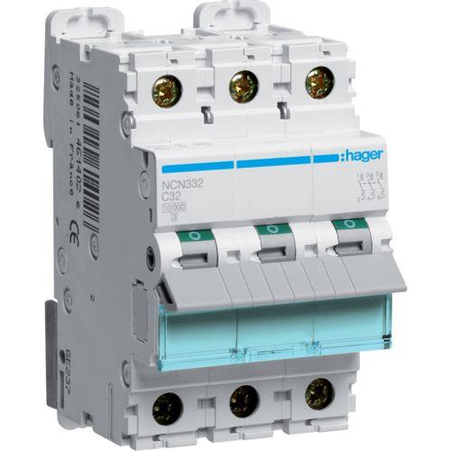 Автоматичний вимикач 32A 10kA 3 полюси тип C NCN332 Hager