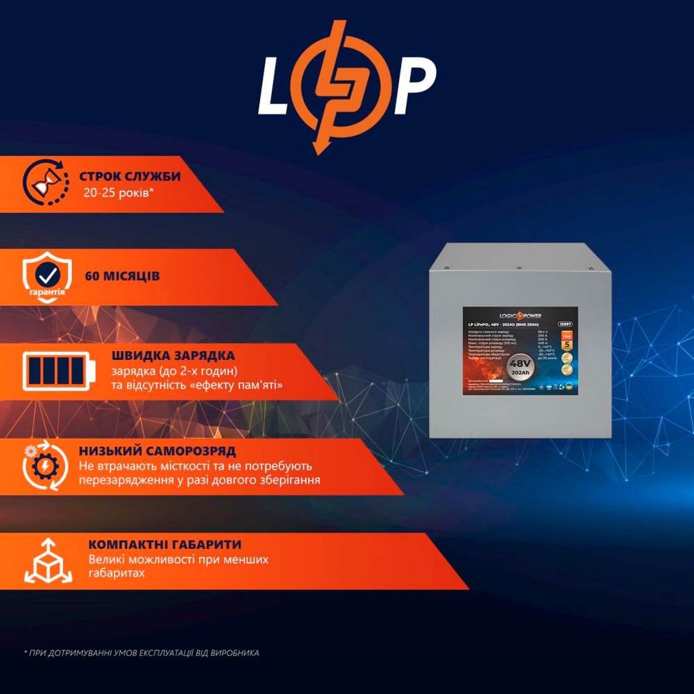 Акумулятор LP LiFePO4 48V (51,2V) 202Ah (10342Wh) (BMS 200A) метал 15997 LogicPower - Фото 2
