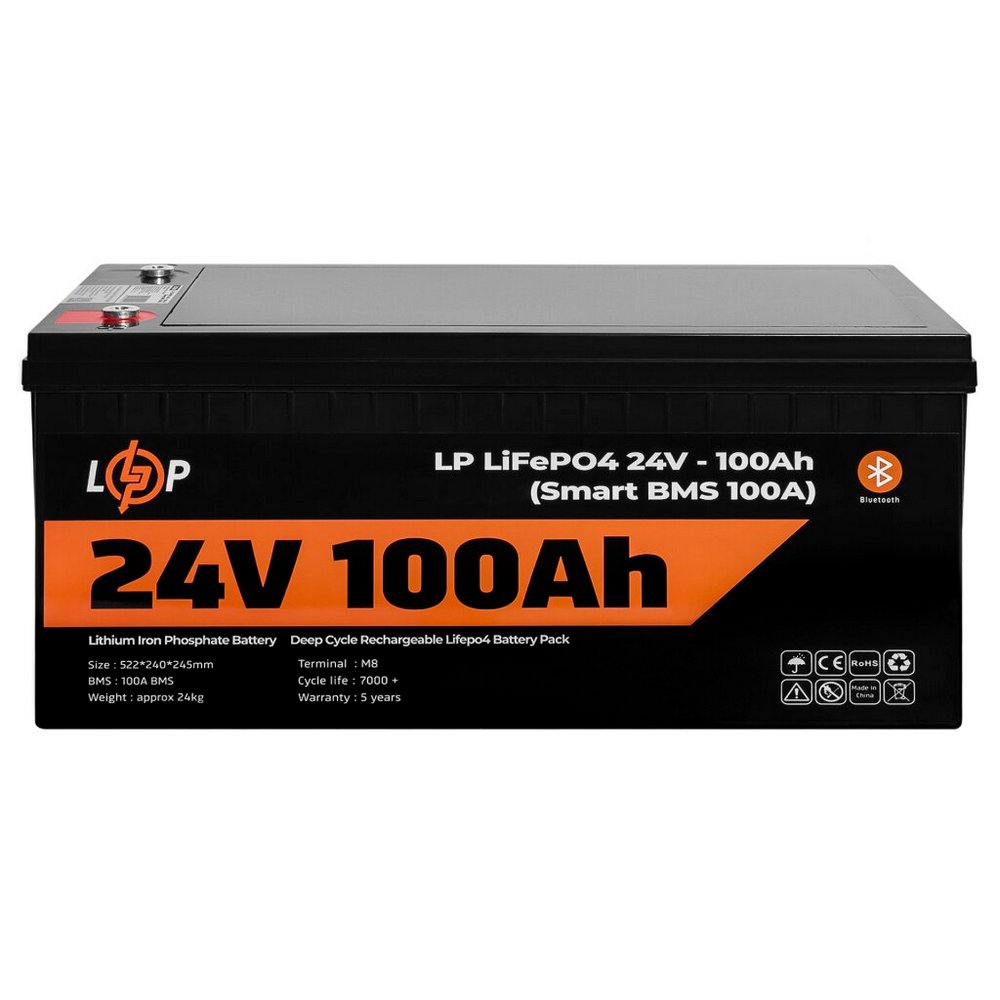Акумулятор LP LiFePO4 для ДБЖ 24V (25,6V) 100Ah (2560Wh) (Smart BMS 100А) з BT пластик 20200 LogicPower - Фото 1