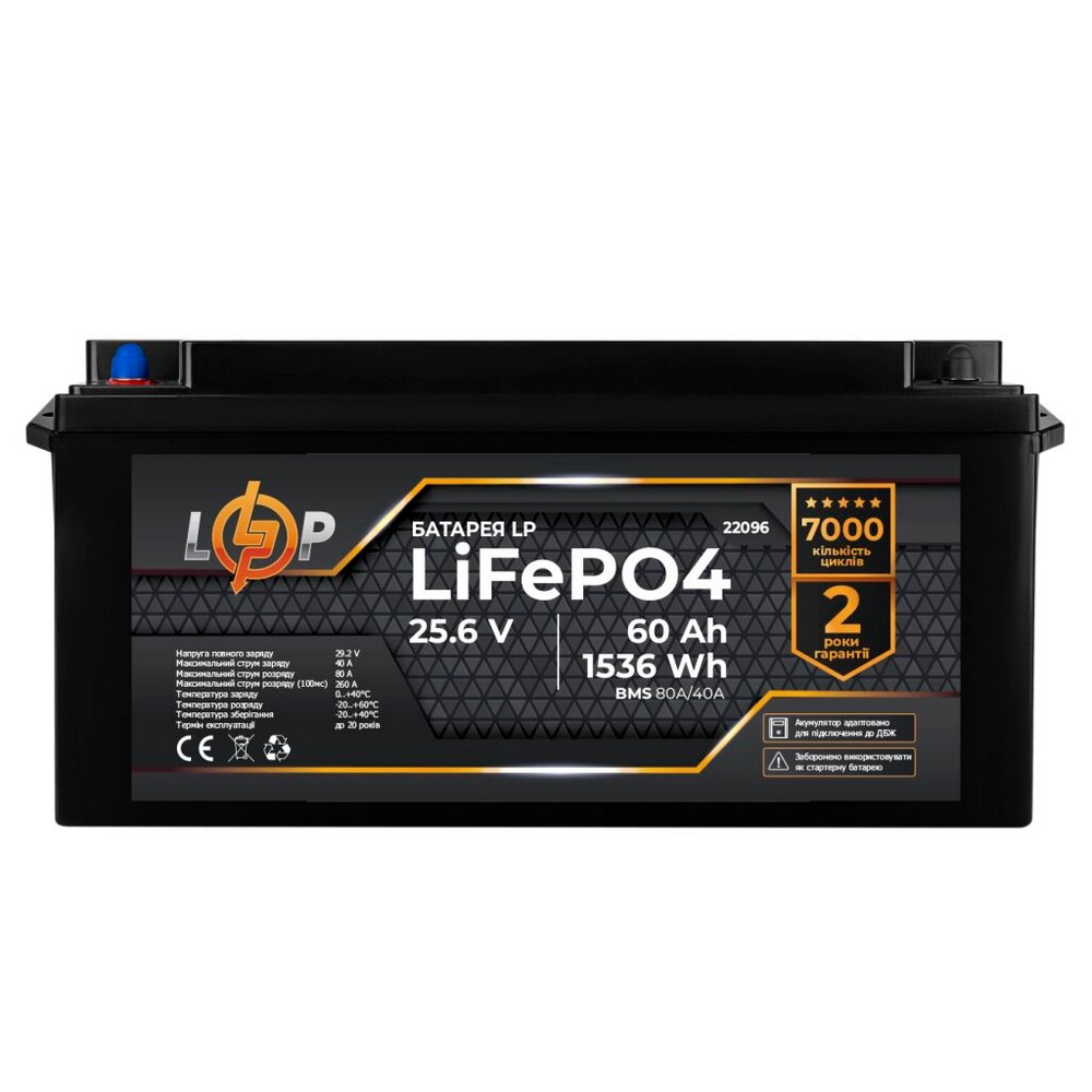 Акумулятор LP LiFePO4 25,6V 60Ah (1536Wh) (BMS 80A/40А) пластик для ДБЖ 22096 LogicPower