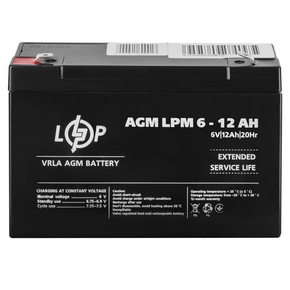Акумулятор AGM LPM 6V 12Ah 4159 LogicPower - Фото 1
