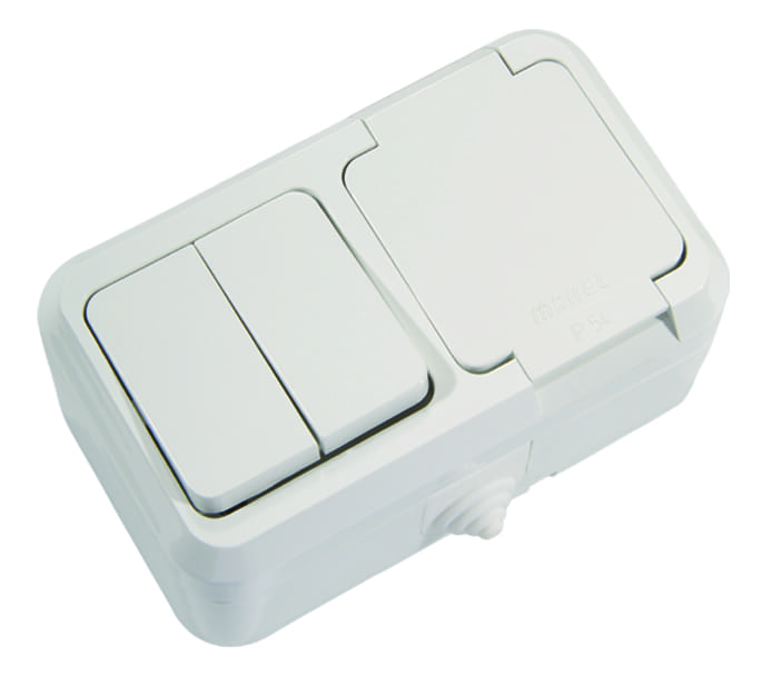 Вимикач 2-клавішний+розетка з крішкою біла 18351 серія вологозахисна IP44 Makel