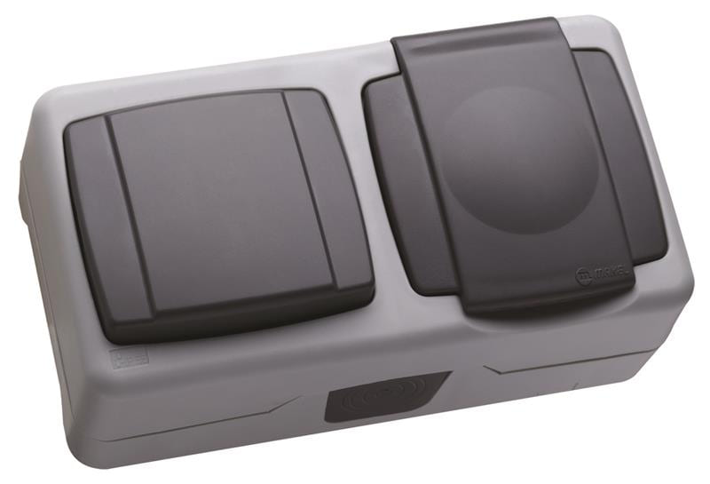 Вимикач 1-клавішний+розетка з крішкою сіра 36064202 вологозахисна серія IP55
