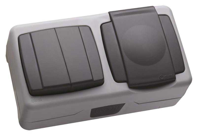 Вимикач 2-клавішний+розетка з крішкою сіра 36064203 вологозахисна серія IP55