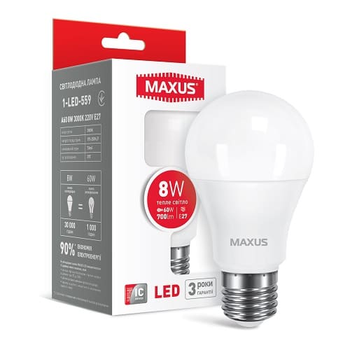 Светодиодная лампа 1-LED-559 A60 E27 8W 3000K 220V Maxus