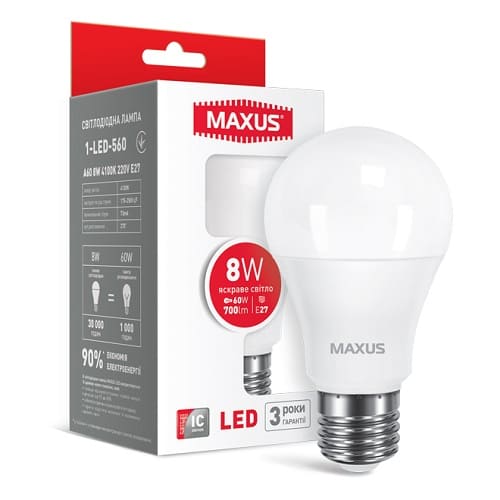Світлодіодна лампа 1-LED-560 A60 E27 8W 4100K 220V Maxus