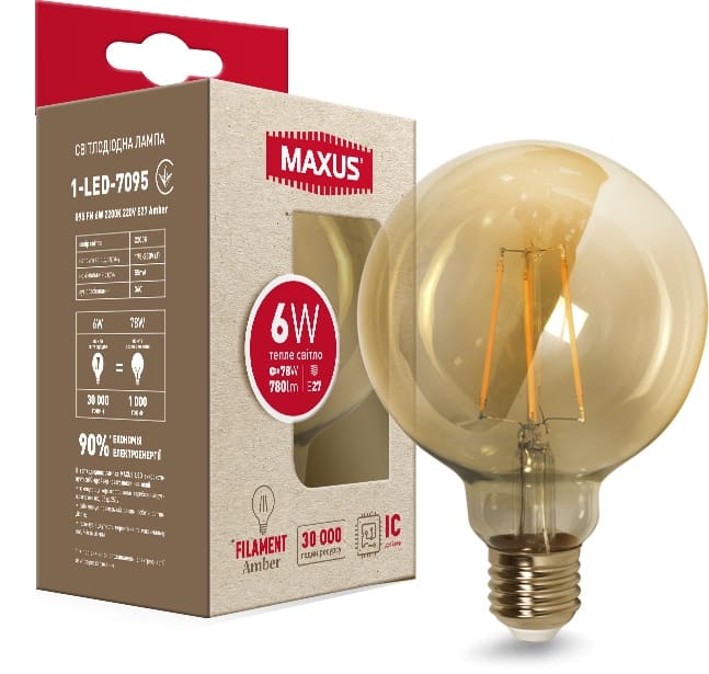 Світлодіодна лампа Amber 1-LED-7095 G95 E27 6W 2200K 220V Maxus