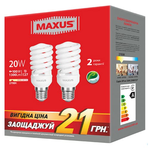 Люмінесцентна лампа 2-ESL-229-P XPiral 20W 2700K E27 220V Maxus