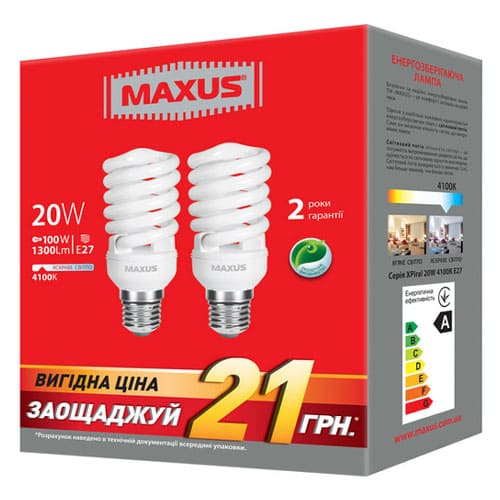 Люминесцентная лампа 2-ESL-230-P XPiral 20W 4100K E27 220V Maxus