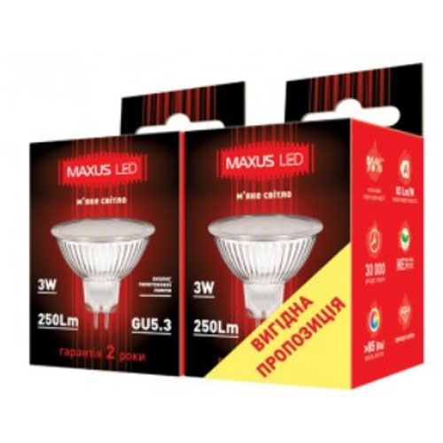 Світлодіодна лампа 2-LED-143 MR16 GU5.3 3W 3000К 220V (по 2 шт.) Maxus