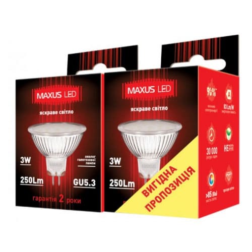 Светодиодная лампа 2-LED-144 MR16 GU5.3 3W 4100К 220V (по 2 шт.) Maxus