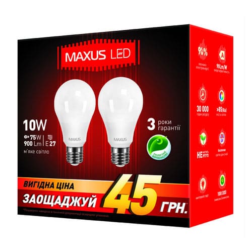 Светодиодная лампа 2-LED-145-01 A60 E27 10W 3000К 220V (по 2 шт.) Maxus