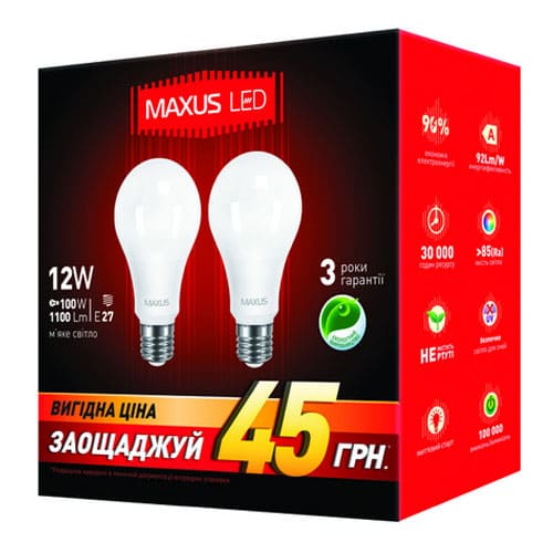 Светодиодная лампа 2-LED-336-01 A65 E27 12W 4100К 220V (по 2 шт.) Maxus