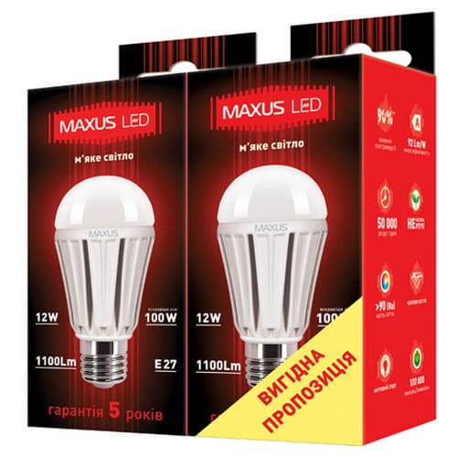 Светодиодная лампа 2-LED-335 A60 E27 12W 3000К 220V (по 2 шт.) Maxus