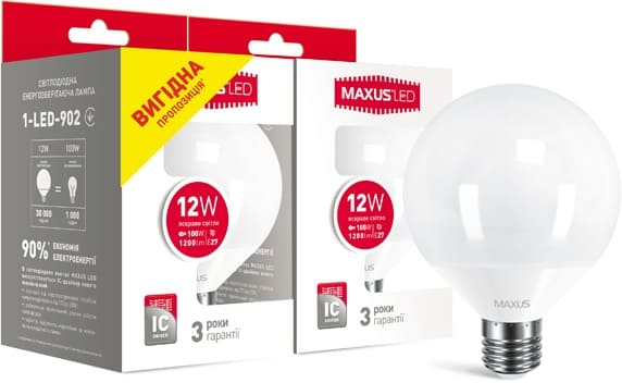 Светодиодная лампа 2-LED-902 G95 E27 12W 4100K 220V (по 2 шт.) Maxus