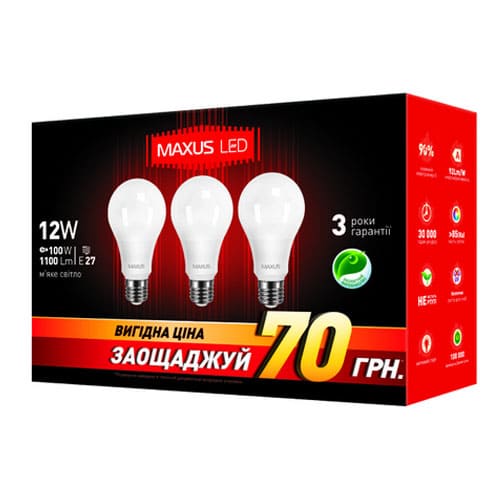 Светодиодная лампа 3-LED-336-01 A65 E27 12W 4100К 220V (по 3 шт.) Maxus