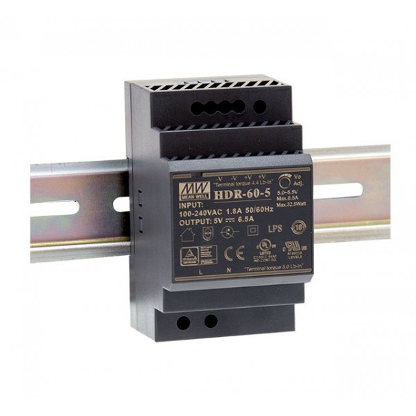 Трансформатор на DIN-рейку для светоиодных лент и ламп 60W 12V 4.5A HDR-60-12 Mean Well