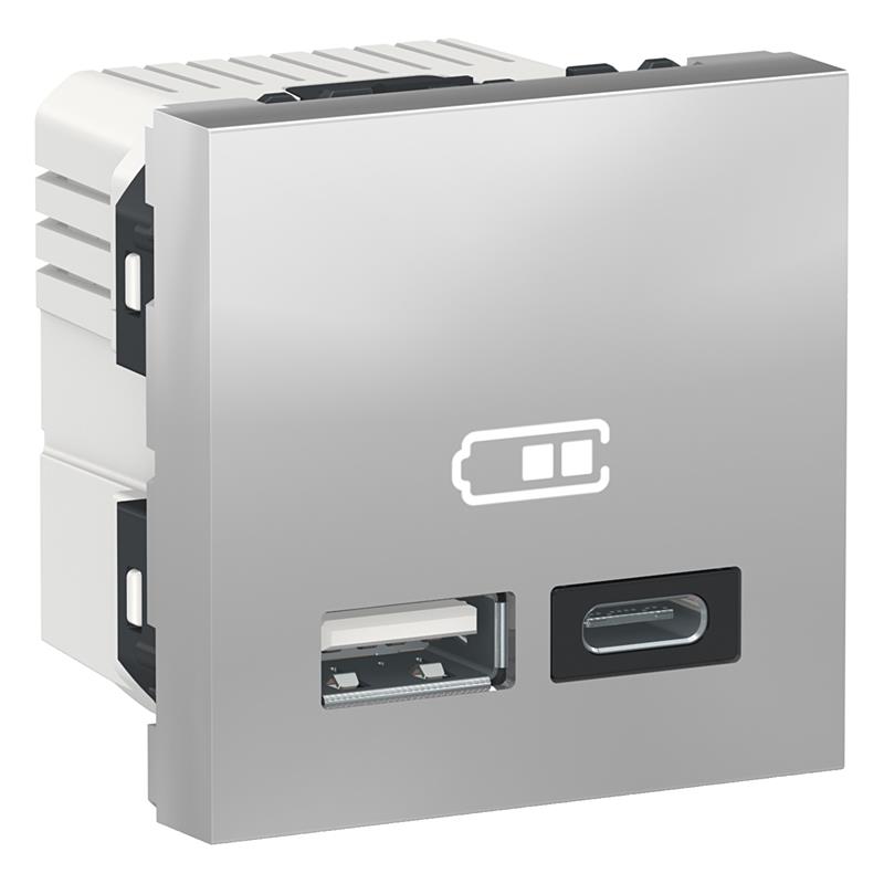 Двойная USB розетка для зарядки A+C 2 модуля алюминий NU301830 Schneider Electric Unica New