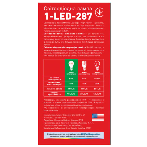 Светодиодная лампа 1-LED-287 A60 E27 10W 3000К 220V Maxus - Фото 4