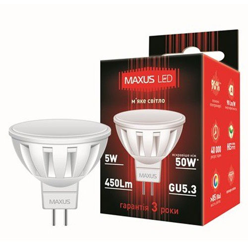 Светодиодная лампа 1-LED-289 MR16 GU5.3 5W 3000К 220V Maxus - Фото 2