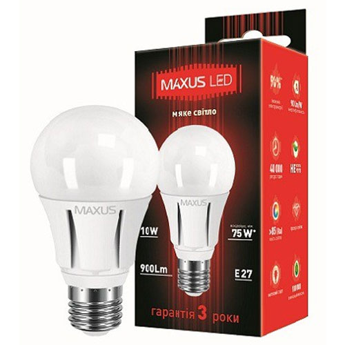 Светодиодная лампа 1-LED-297 A60 E27 10W 3000К 220V Maxus. Фото 2