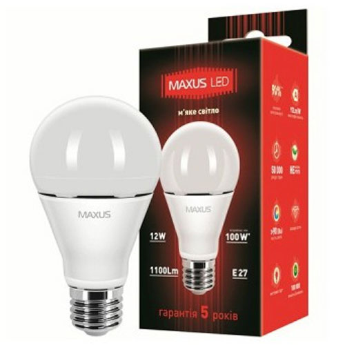 Светодиодная лампа 1-LED-377 A65 E27 12W 3000К 220V Maxus - Фото 2