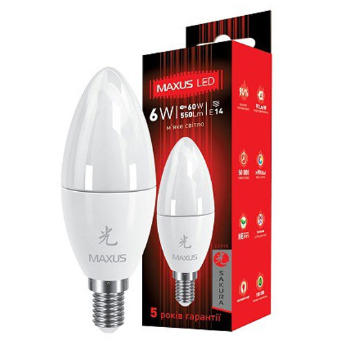 Светодиодная лампа Sakura 1-LED-423 C37 E14 6W 3000К 220V Maxus - Фото 2